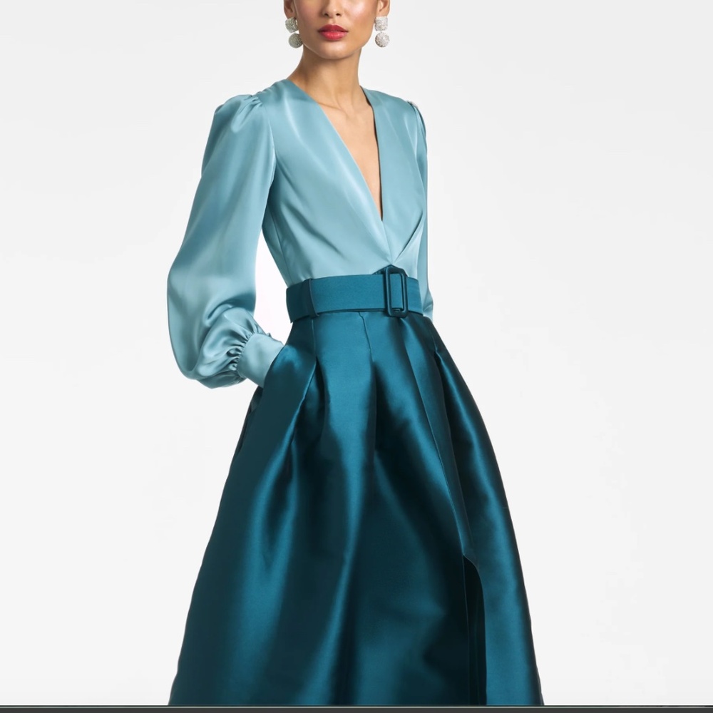 Sachin & Babi Zoe Gown/V Neck Box Pleat Ball Gown in Seaglass/Deep Teal